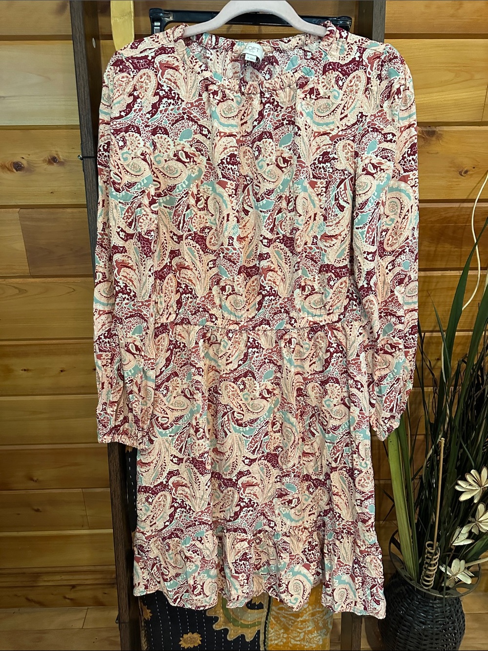 LOFT outlet Long Sleeve Paisley Dress in Burgundy, Cream & Aqua